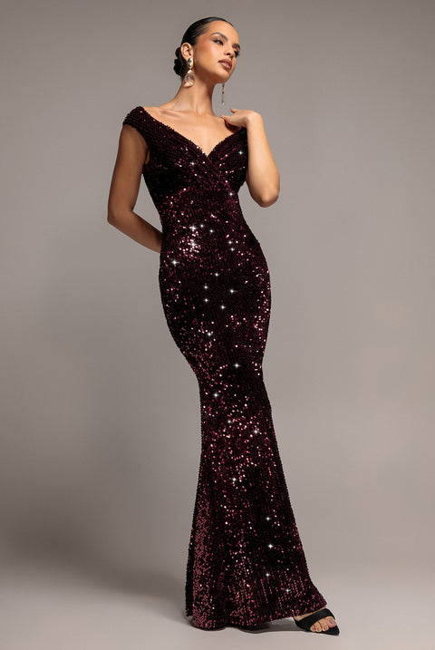 Sequin & Velvet Off The Shoulder Wrap Maxi Dress - Plum by Goddiva