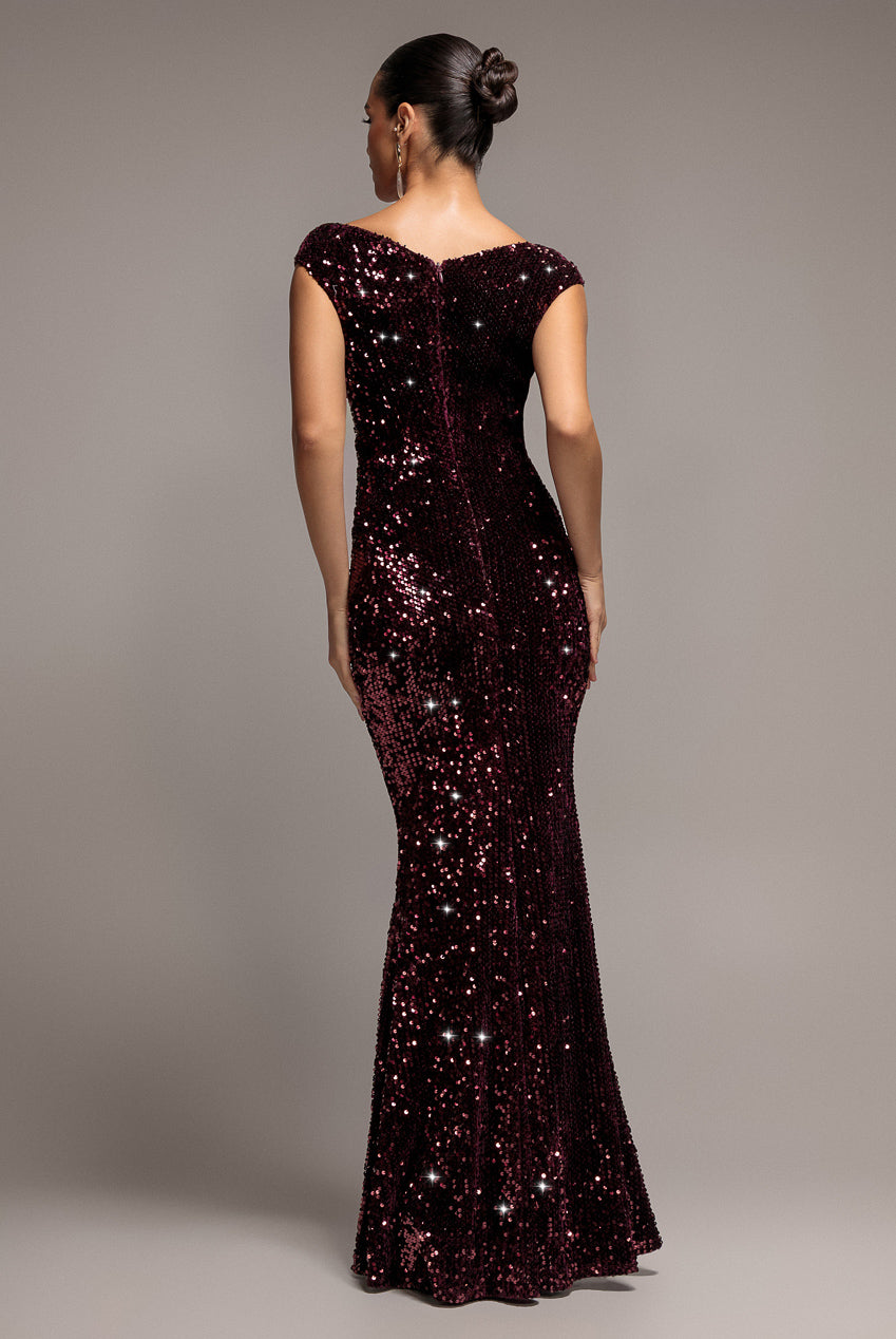 Sequin & Velvet Off The Shoulder Wrap Maxi Dress - Plum DR5256