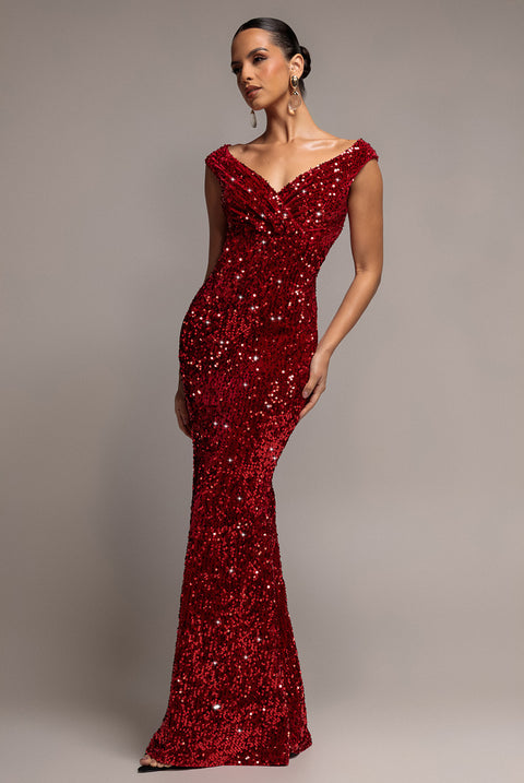 Sequin & Velvet Off The Shoulder Wrap Maxi Dress - Red by Goddiva
