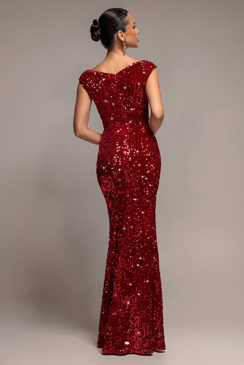 Sequin & Velvet Off The Shoulder Wrap Maxi Dress - Red DR5256