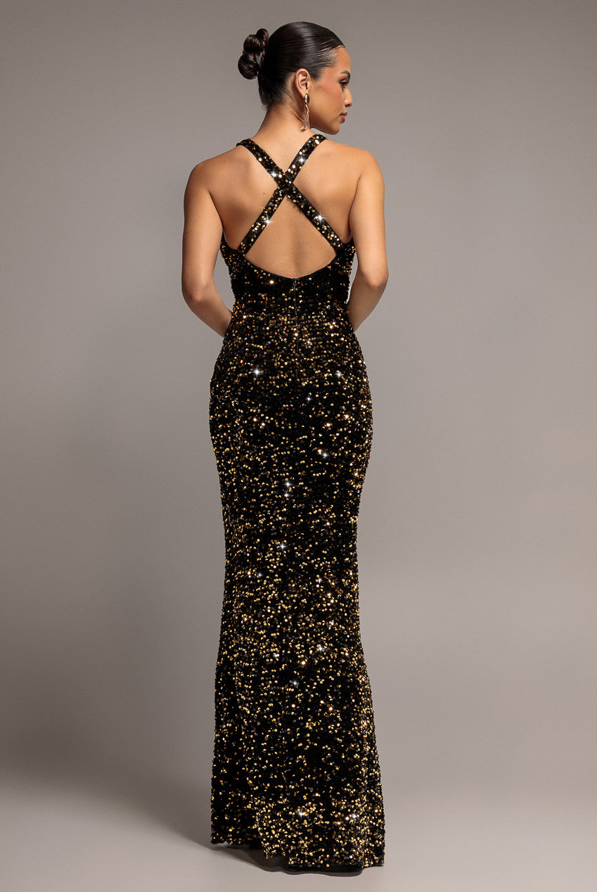 Sequin & Velvet V Neck Cross Back Maxi Dress - Gold DR5257