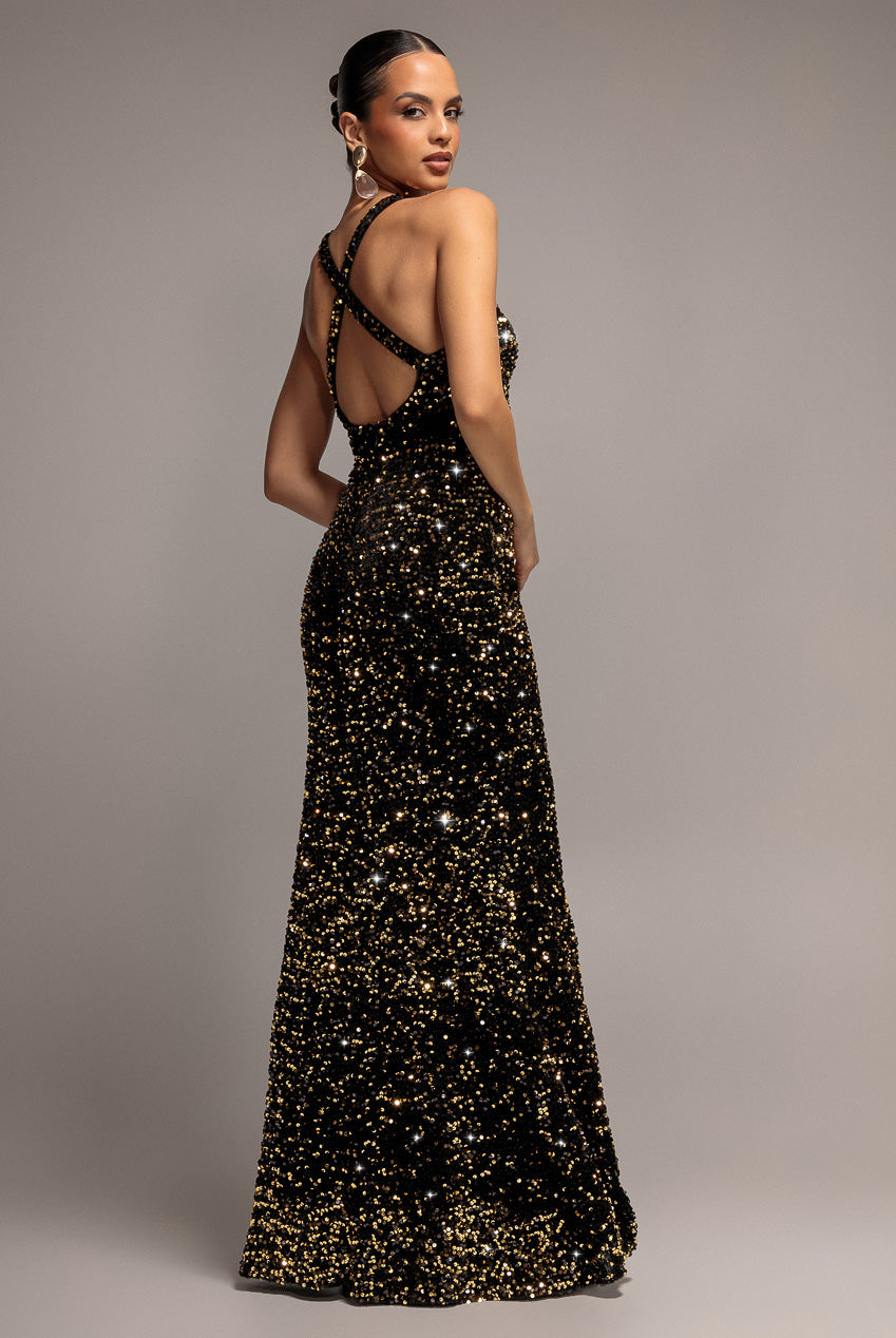 Sequin & Velvet V Neck Cross Back Maxi Dress - Gold DR5257