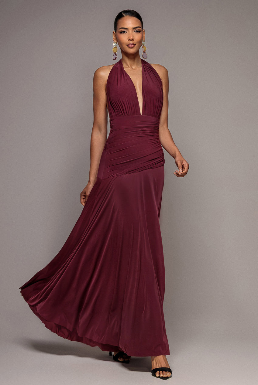 Halter Neck Empire Waist Gathered Maxi Dress - Burgundy