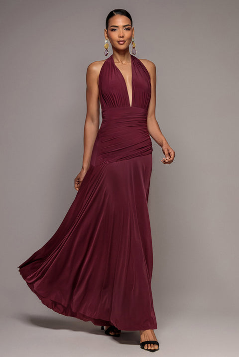 Halter Neck Empire Waist Gathered Maxi Dress - Burgundy by Goddiva