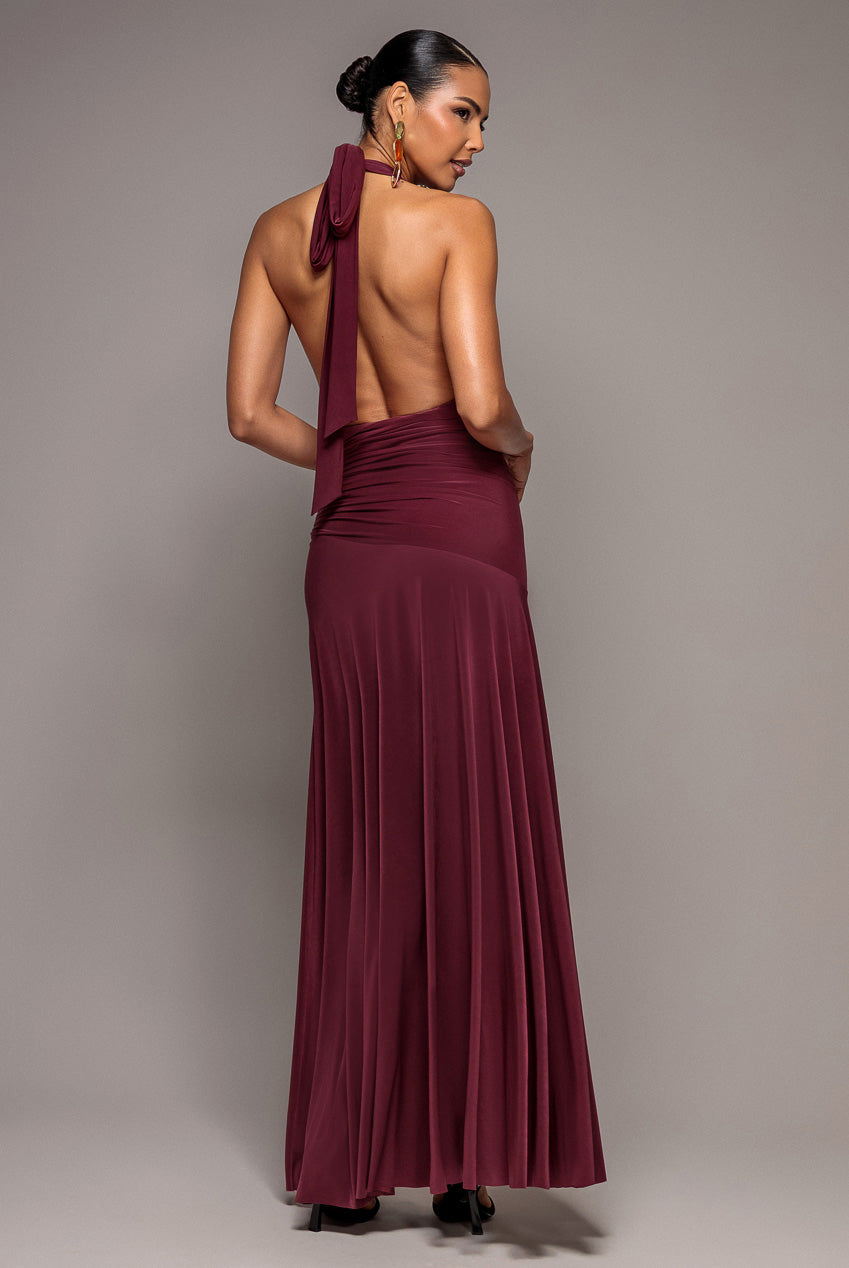 Halter Neck Empire Waist Gathered Maxi Dress - Burgundy DR5259