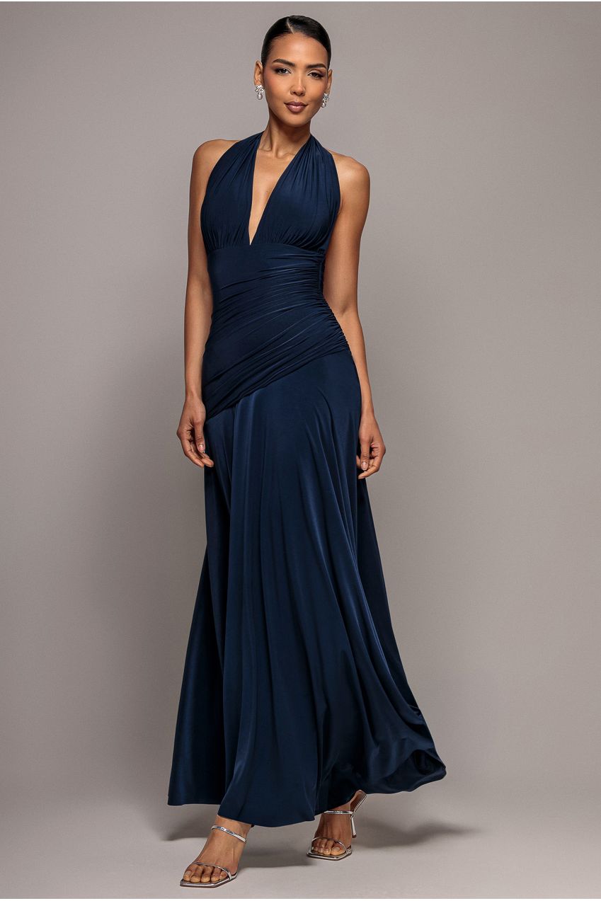 Halter Neck Empire Waist Gathered Maxi Dress - Navy Blue DR5259