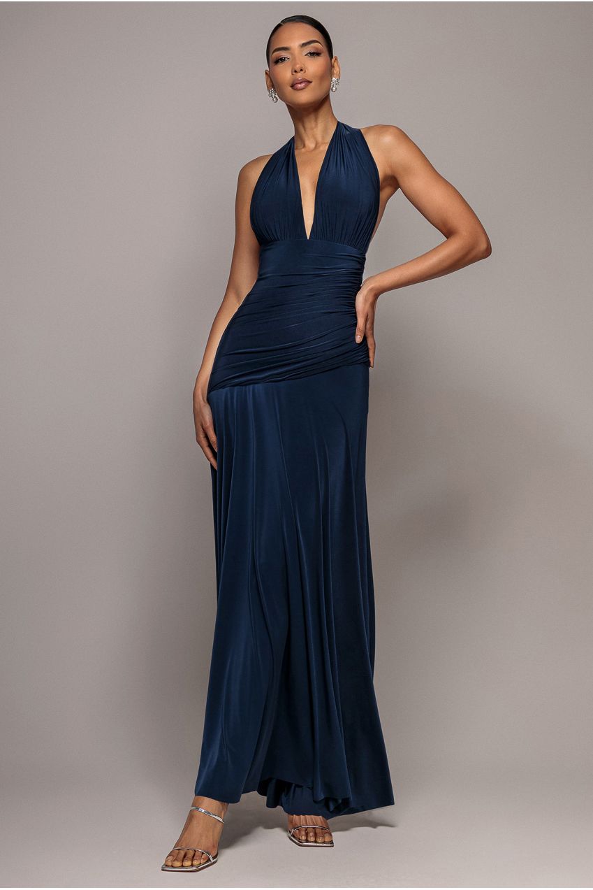 Halter Neck Empire Waist Gathered Maxi Dress - Navy Blue DR5259