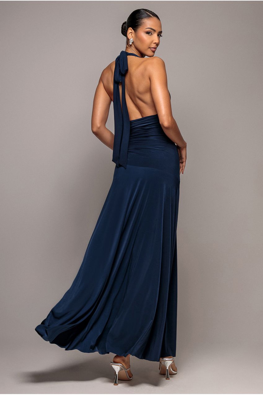 Halter Neck Empire Waist Gathered Maxi Dress - Navy Blue DR5259