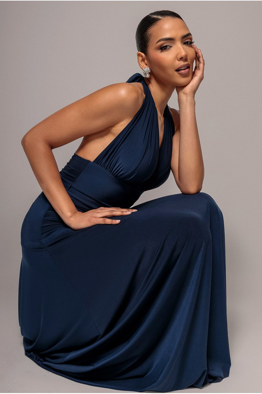 Halter Neck Empire Waist Gathered Maxi Dress - Navy Blue DR5259