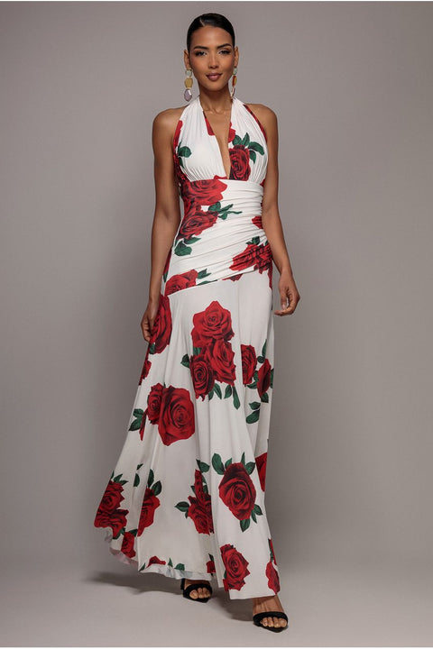 Floral Halter Neck Empire Waist Gathered Maxi Dress - Rose Print by Goddiva