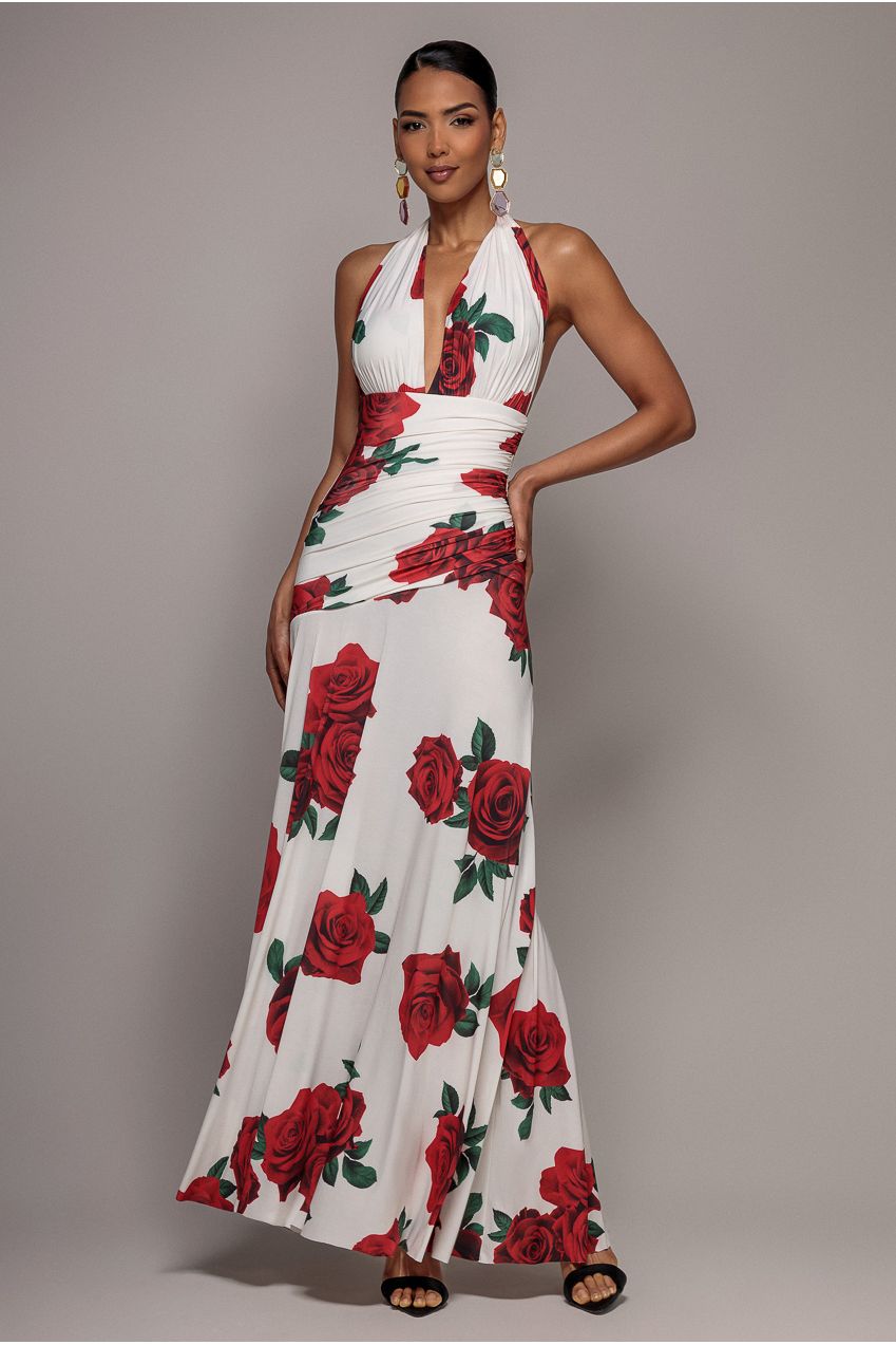 Floral Halter Neck Empire Waist Gathered Maxi Dress - Rose Print DR5259