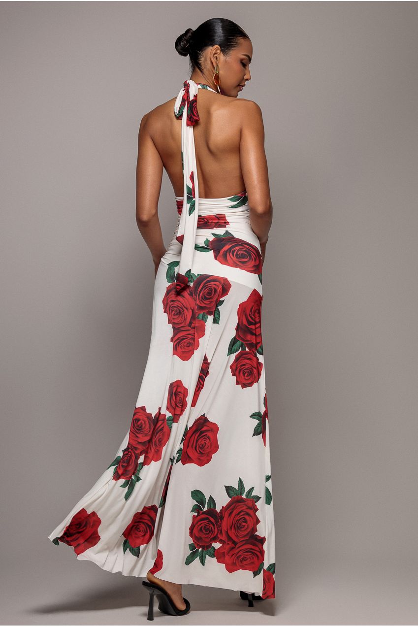 Floral Halter Neck Empire Waist Gathered Maxi Dress - Rose Print DR5259