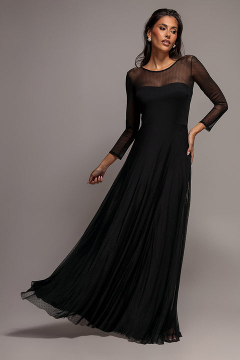 Sheer Sleeve Dobby Mesh Sweetheart A Line Maxi Dress - Black by Goddiva