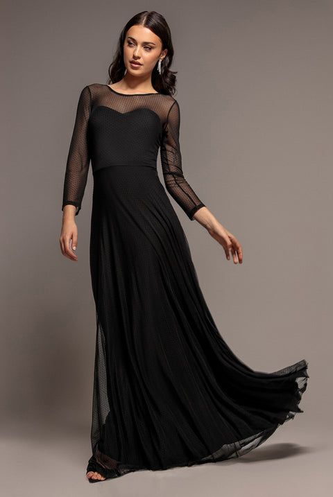Sheer Sleeve Dobby Mesh Sweetheart A Line Maxi Dress - Black by Goddiva