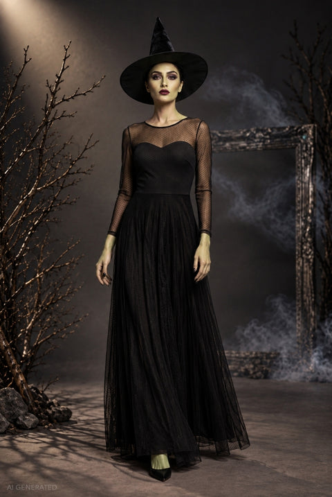 Long Sleeve Maxi Dress Elphaba-Inspired Halloween Costume - Black by Goddiva