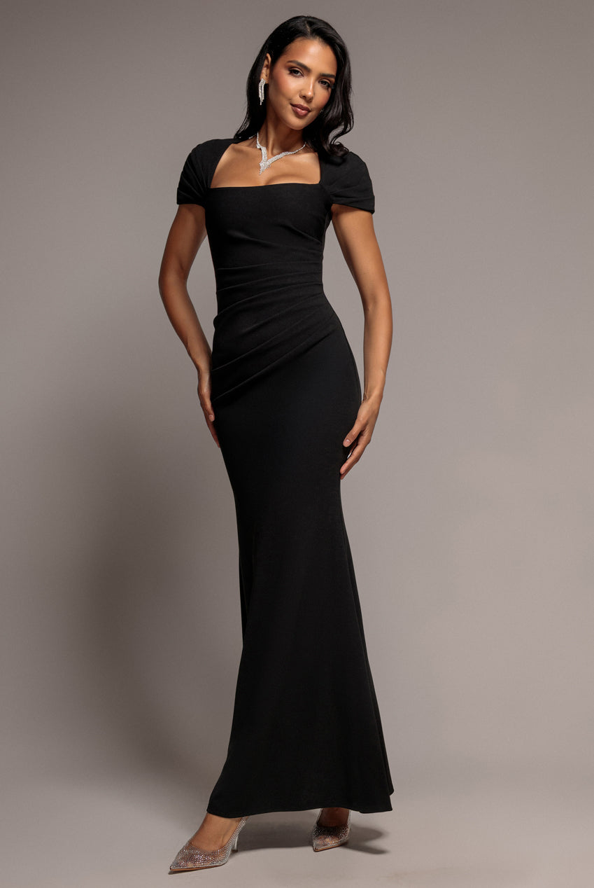 Pleated Asymmetric Bodice Mermaid Maxi Dress - Black DR5277