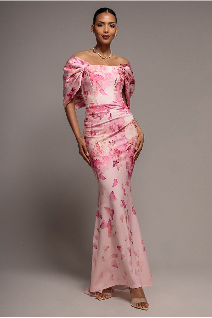 Printed Off Shoulder Satin Bow Back Maxi Dress - Blush Pink DR5282