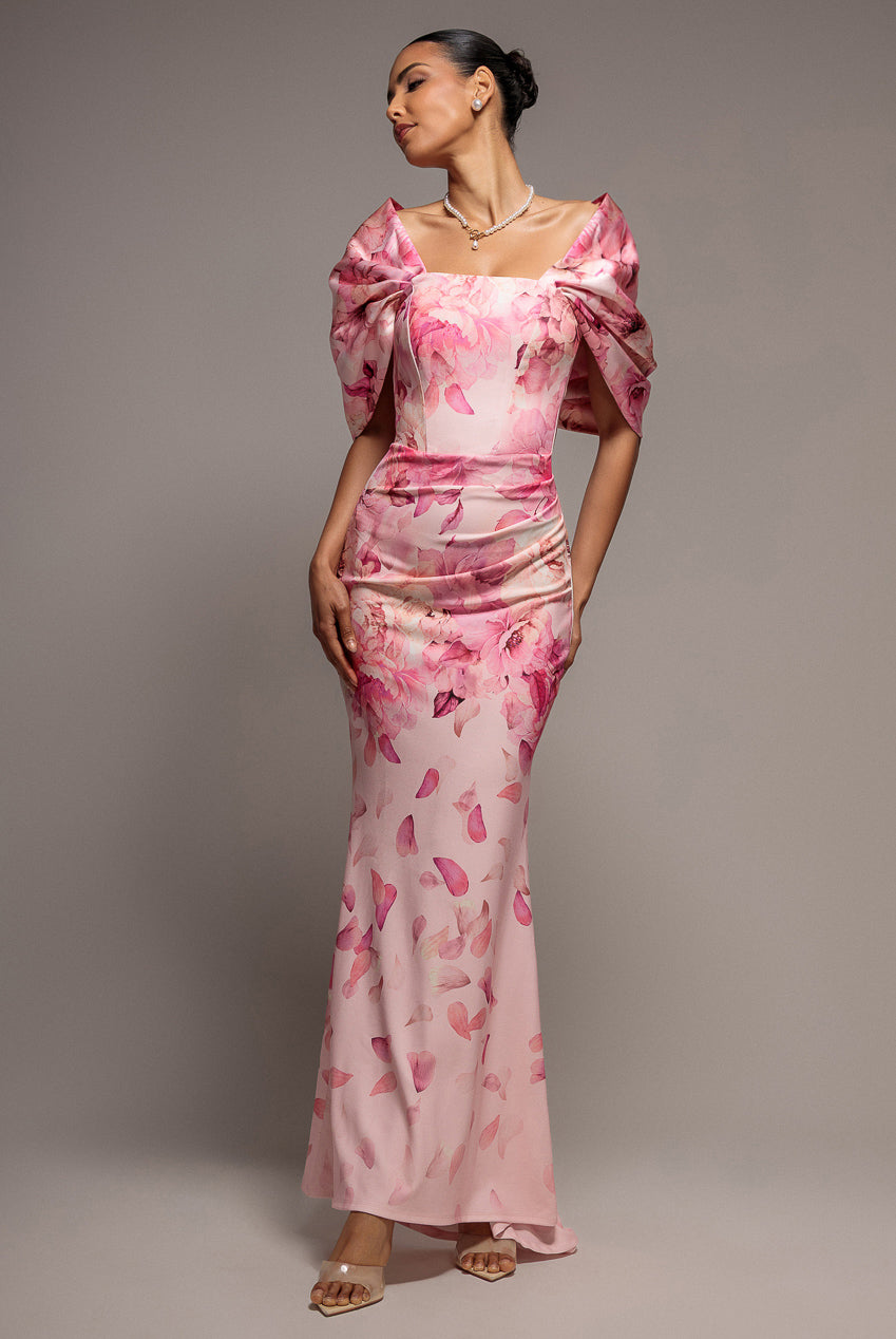 Printed Off Shoulder Satin Bow Back Maxi Dress - Blush Pink DR5282