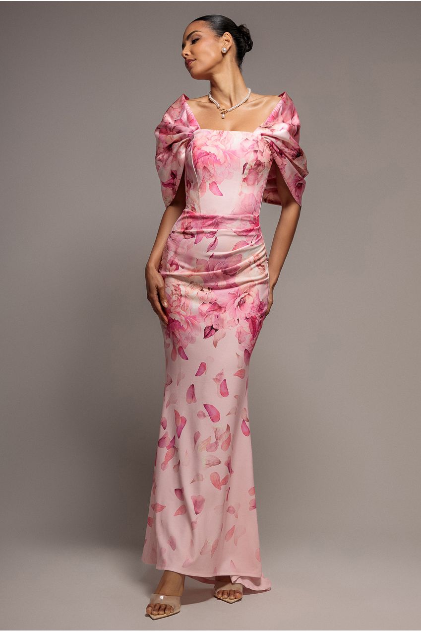 Printed Off Shoulder Satin Bow Back Maxi Dress - Blush Pink DR5282