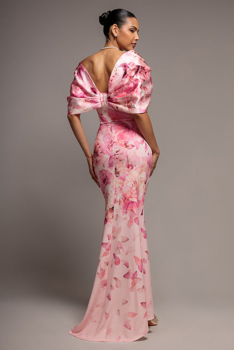 Printed Off Shoulder Satin Bow Back Maxi Dress - Blush Pink by Goddiva