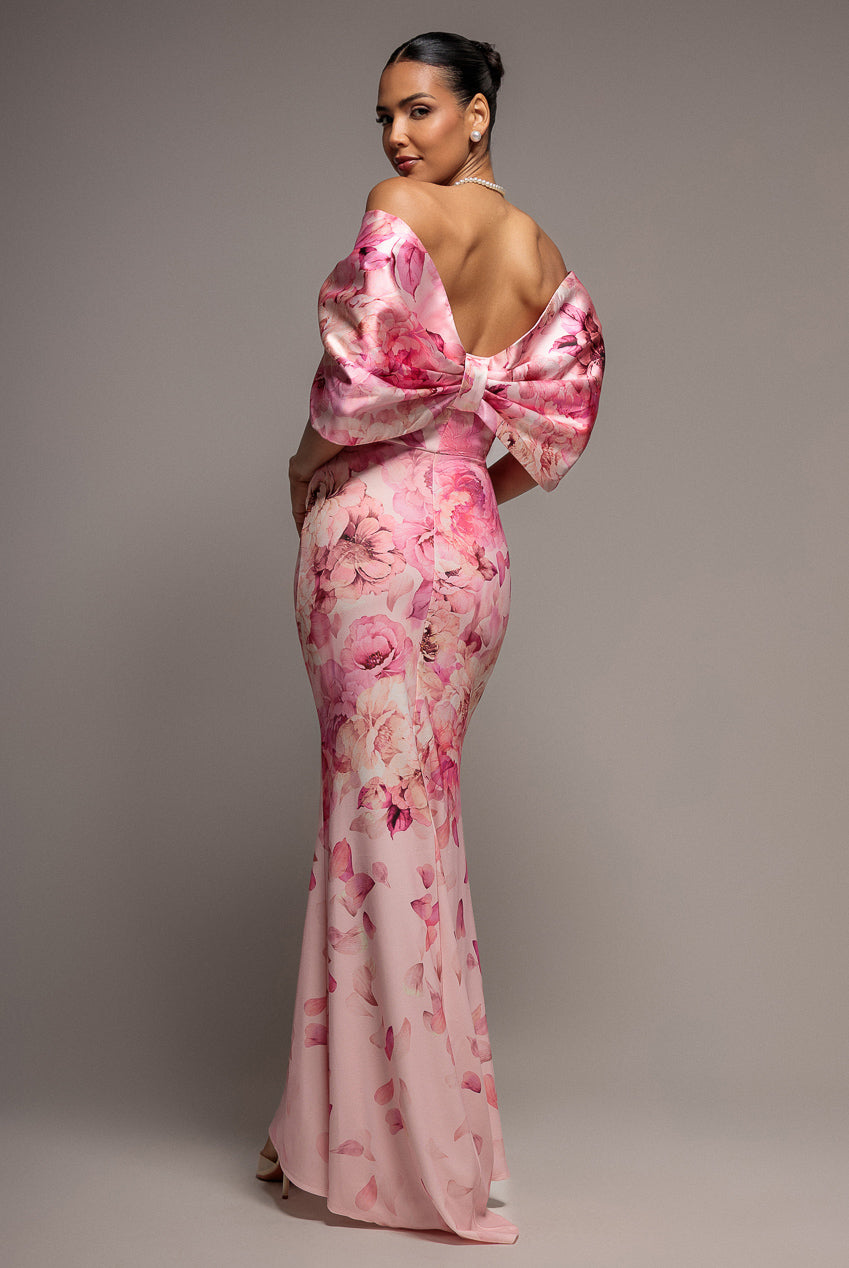 Printed Off Shoulder Satin Bow Back Maxi Dress - Blush Pink DR5282