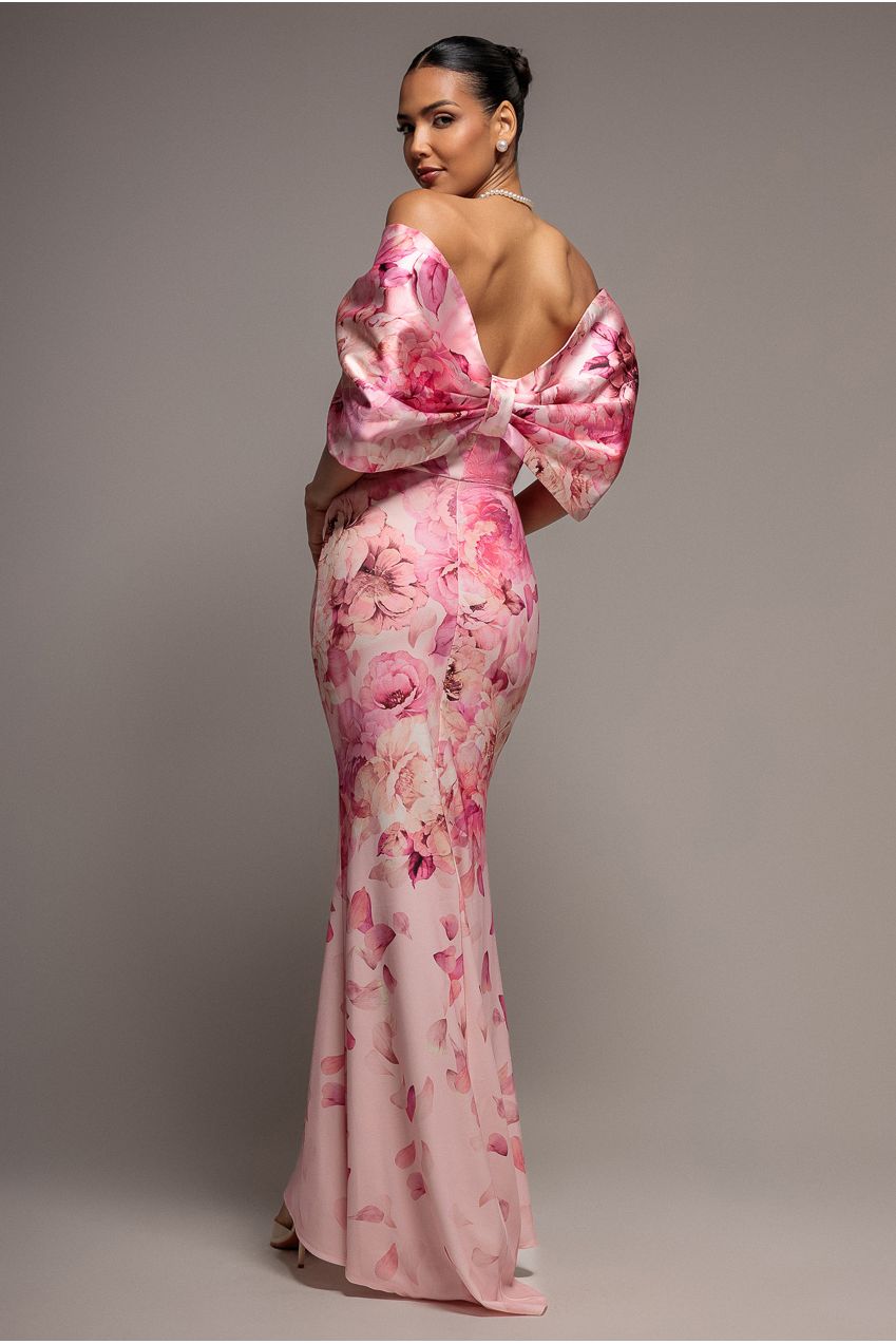 Printed Off Shoulder Satin Bow Back Maxi Dress - Blush Pink DR5282