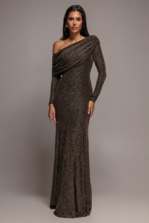 Off Shoulder Gathered Bardot Asymmetric Lurex Maxi Dress - Gold by Goddiva
