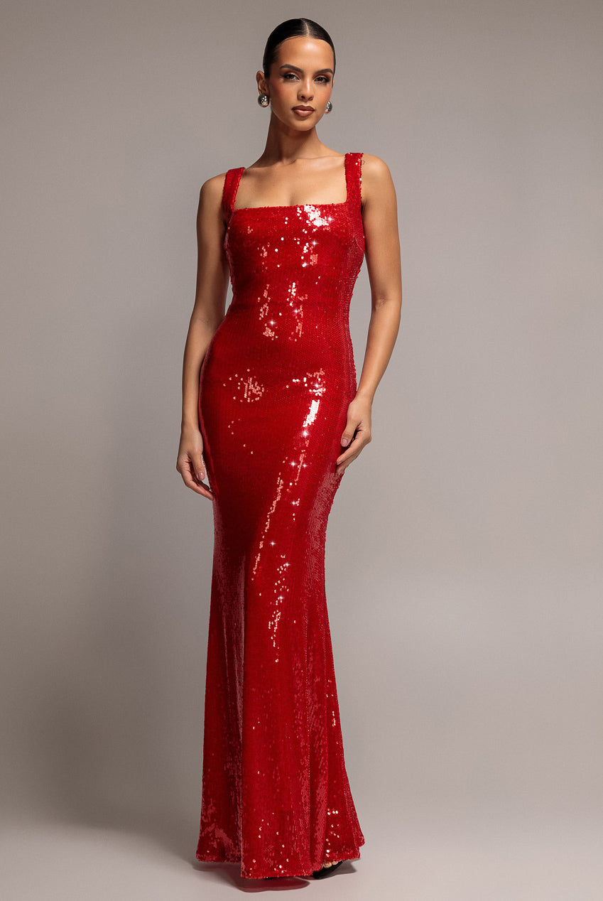 Sleeveless Square Neck Sequin Mermaid Maxi Dress - Red DR5290
