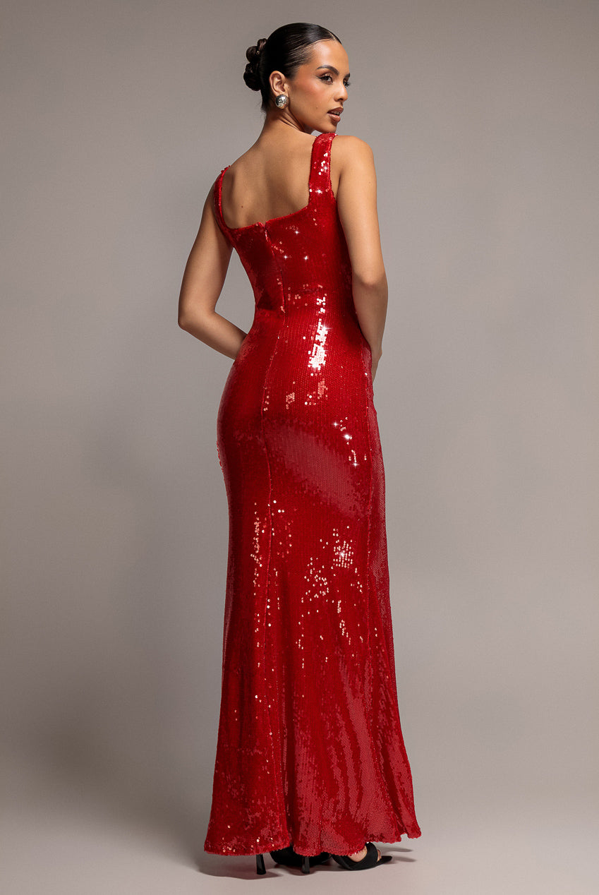 Sleeveless Square Neck Sequin Mermaid Maxi Dress - Red DR5290