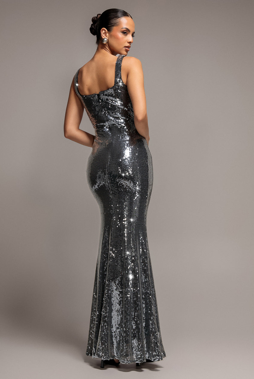 Sleeveless Square Neck Sequin Mermaid Maxi Dress - Silver DR5290