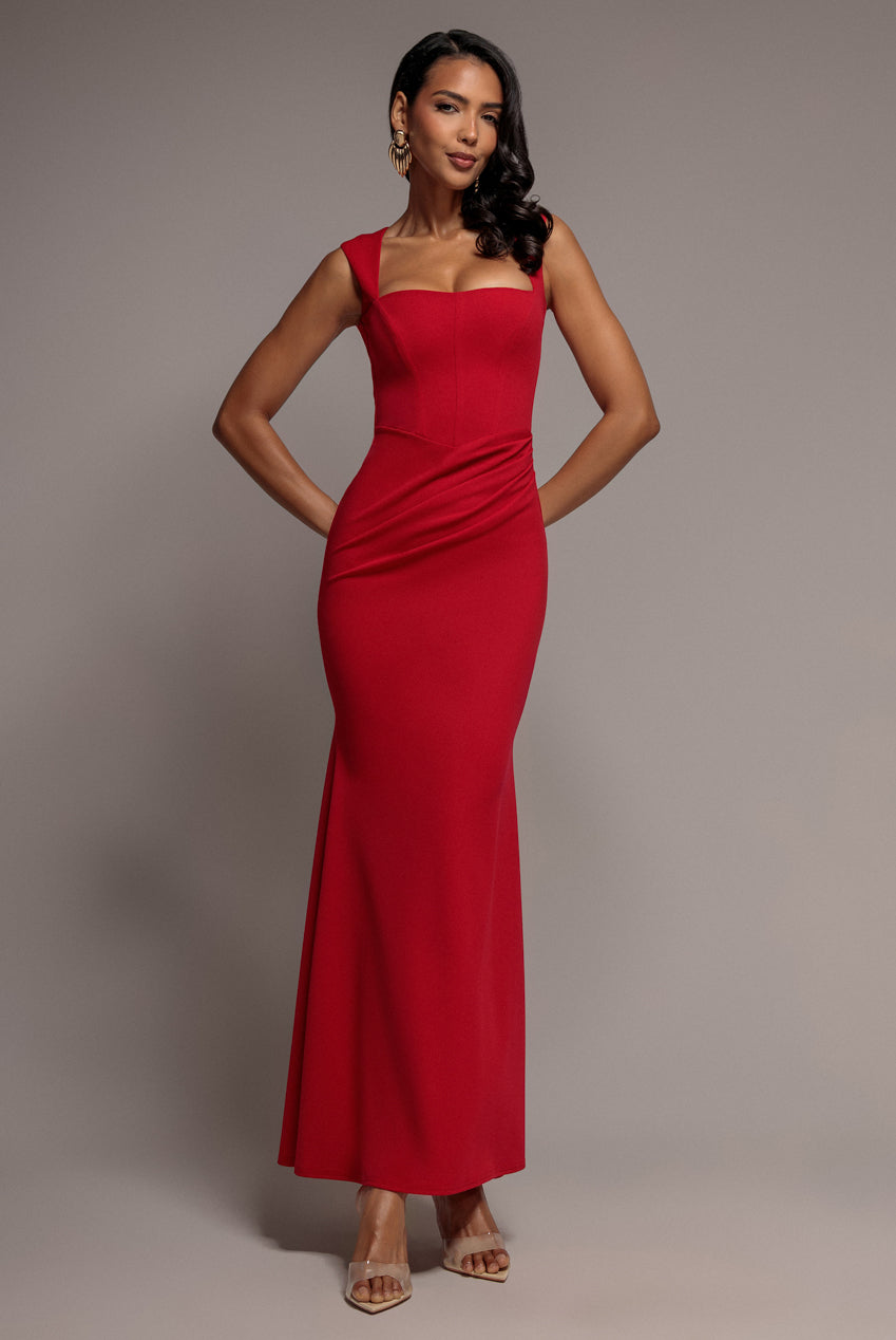 Sleeveless Waist Pleated Scuba Crepe Maxi Dress - Red DR5291