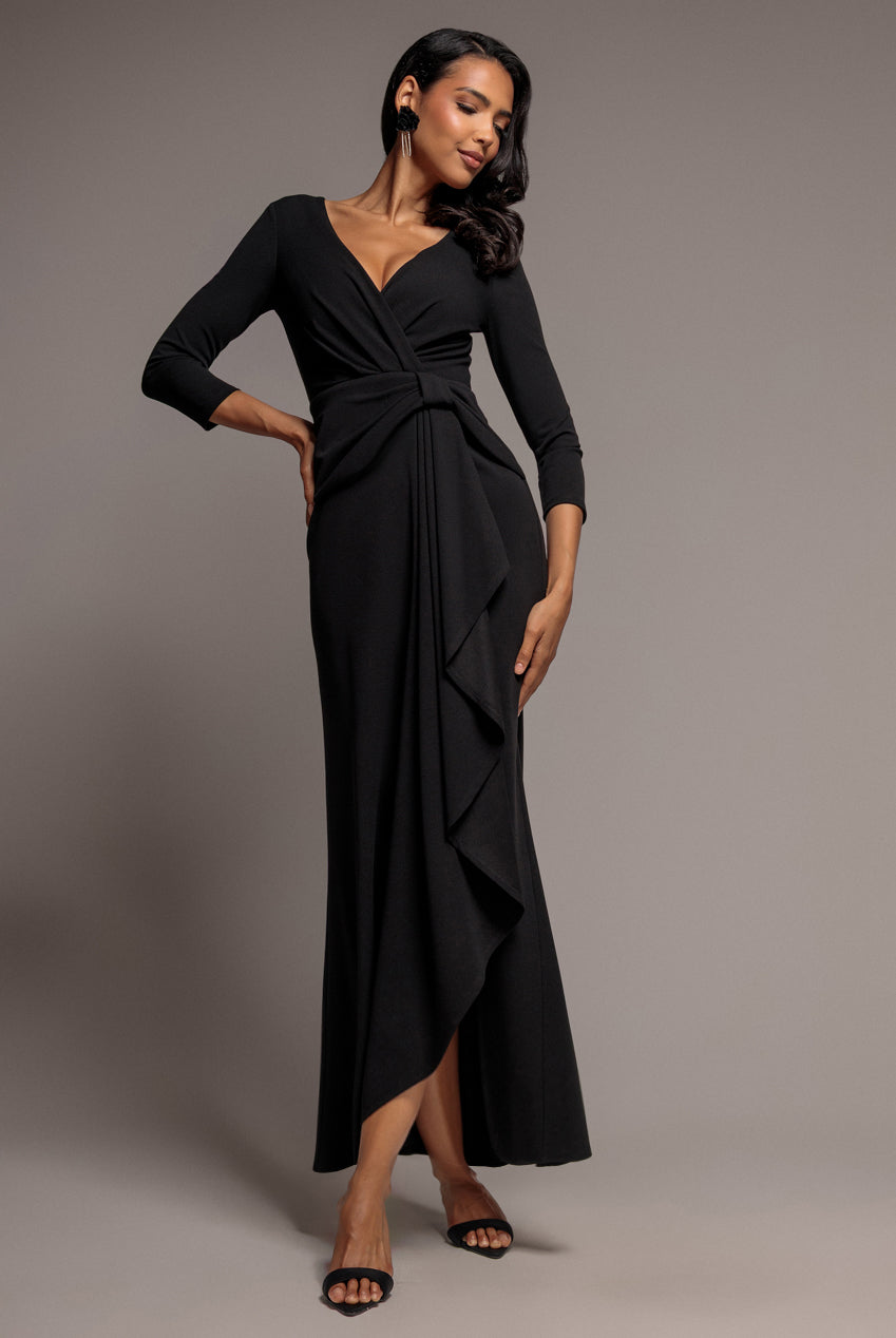 Front Wrap Asymmetric Hem Scuba Maxi Dress - Black DR5295