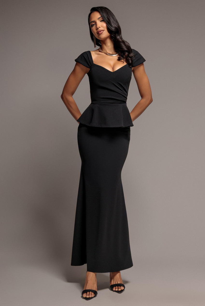 Cap Sleeve Sweetheart Peplum Scuba Maxi Dress - Black DR5302
