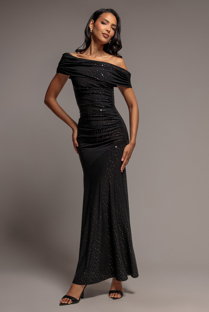One Shoulder Fit And Flare Sequin Maxi Dress - Black Copper DR5324