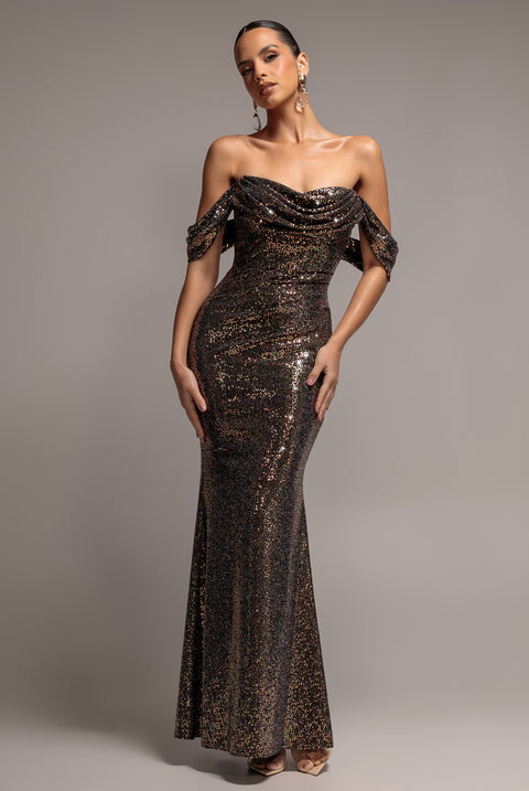 Sequin Lurex Off Shoulder Cowl Bardot Maxi Dress - Gold Multi by Goddiva