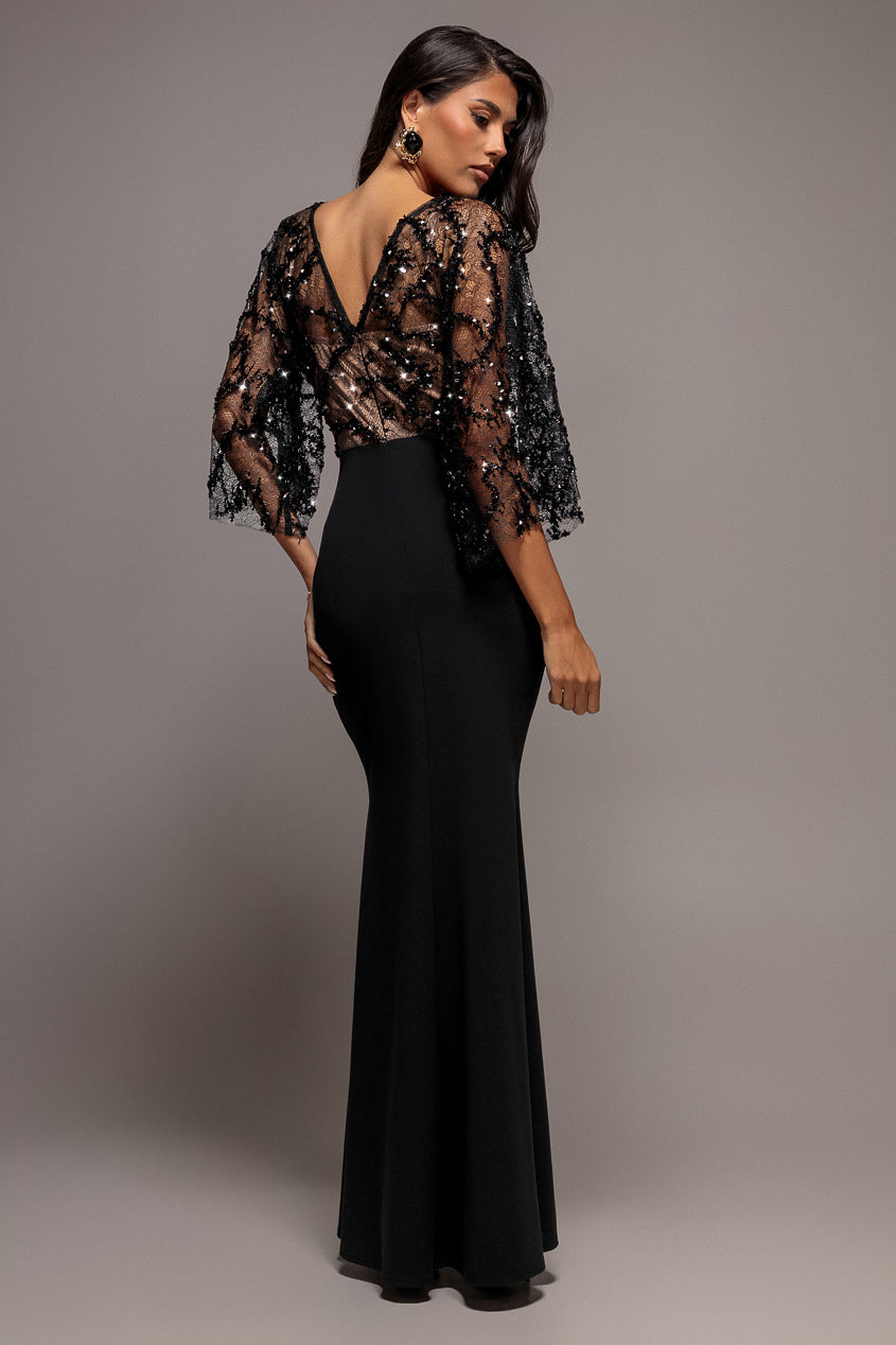 Kimono Sleeve Lace-Scuba Crepe Mermaid Maxi Dress - Black DR5350