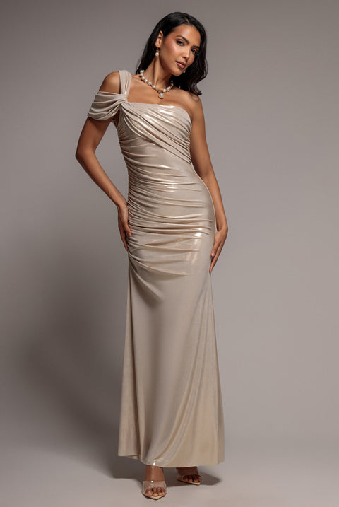 One Shoulder Asymmetric Twist Foil Maxi Dress - Gold by Goddiva