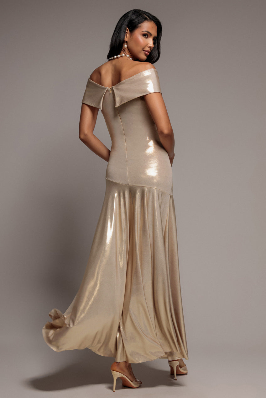 Off Shoulder Bardot Pleated Foil Maxi Dress - Gold DR5353