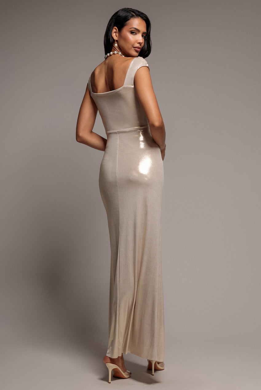 Off The Shoulder Corset Wrap Corset Foil Maxi Dress - Gold DR5364