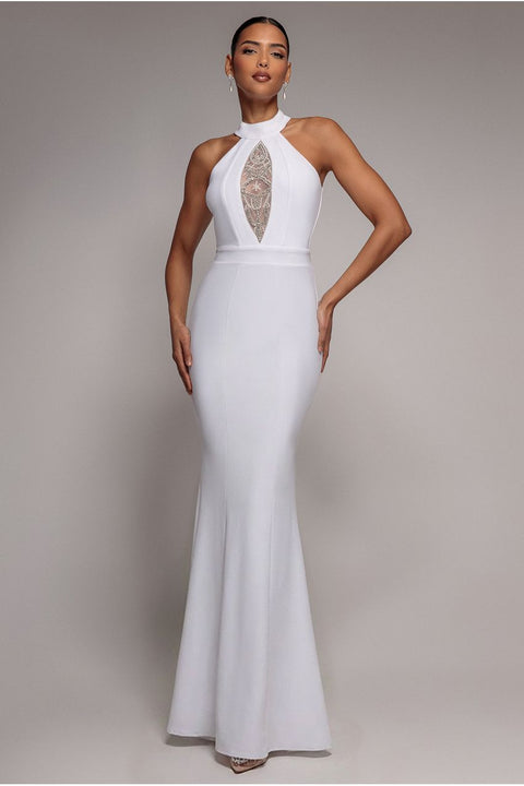 Embellished High Neck Back Cut Out Maxi Dress - White by Goddiva