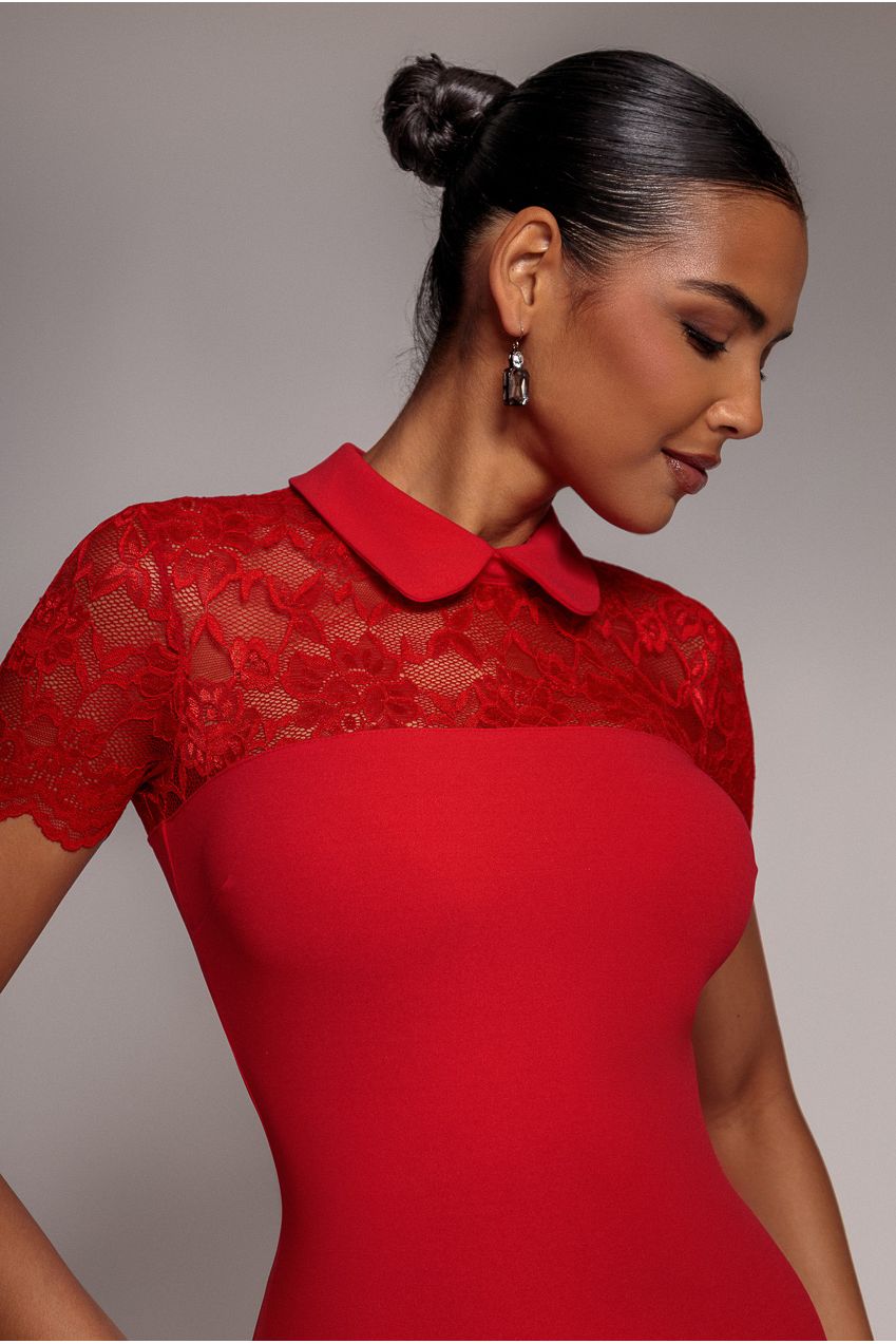 Lace Detail Bodycon Collar Midi Dress - Red DR960