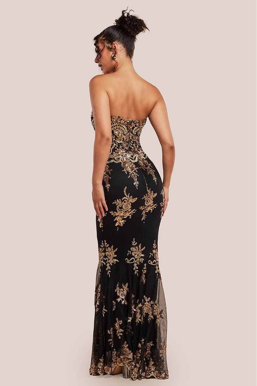 Scallop Bandeau Sequin Mesh Maxi Dress - Black Gold DR966