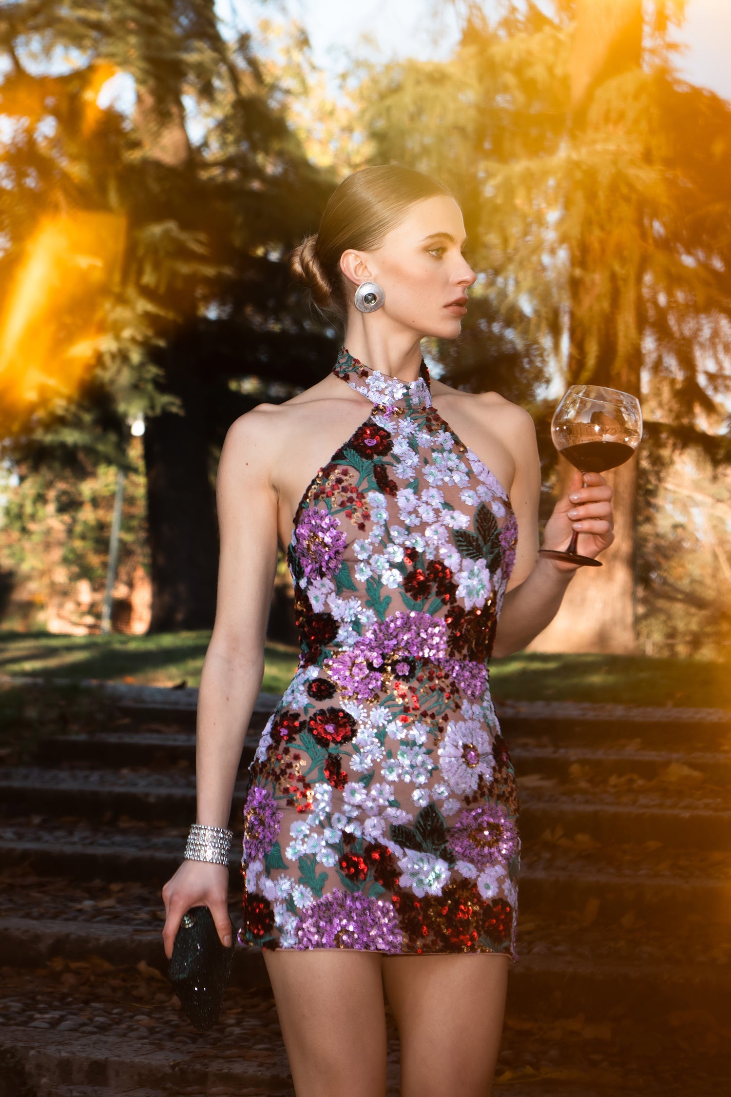 Polasa Halter Sleeveless Sequins Flower Mini Dress D250801342