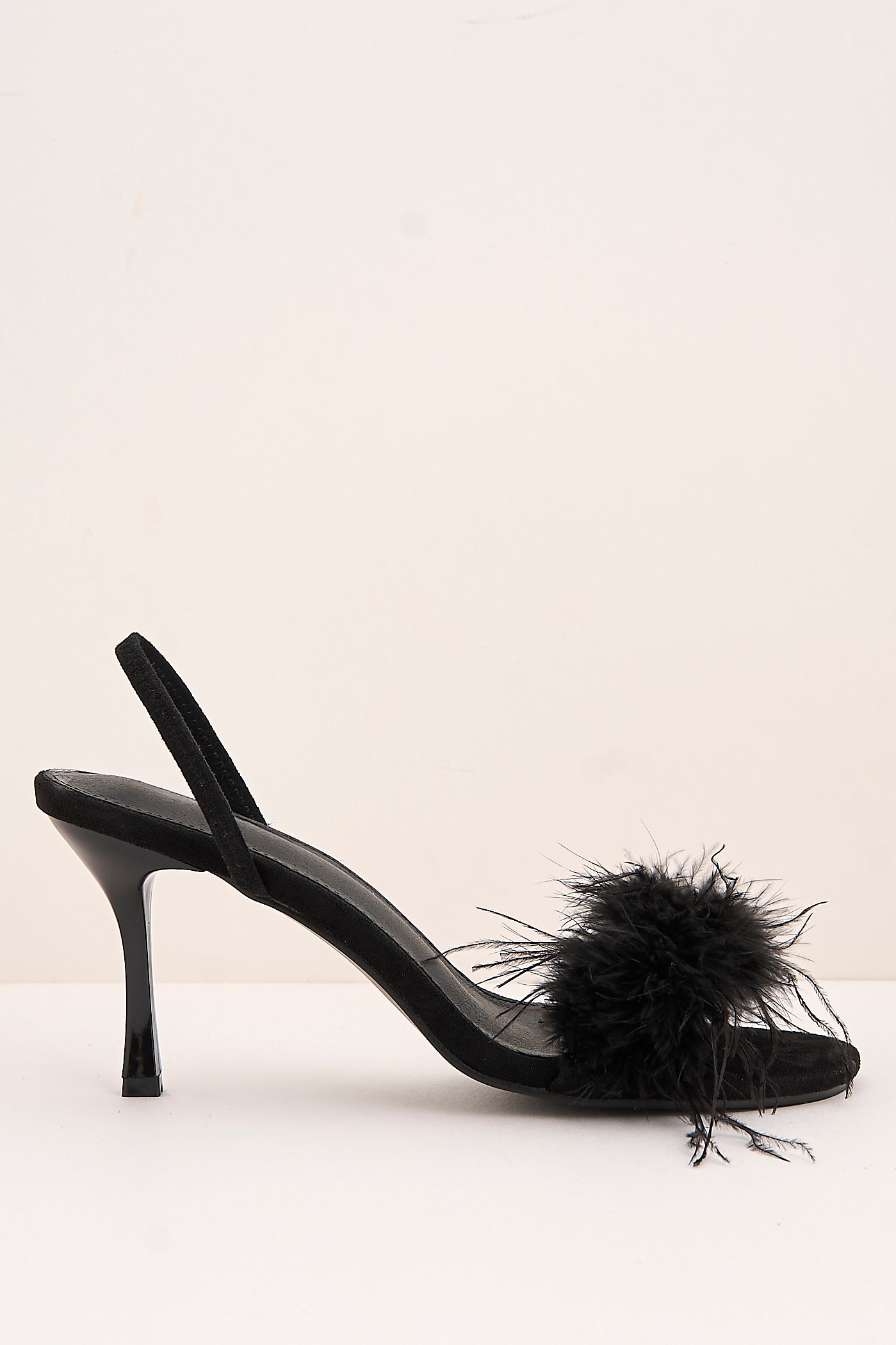 Margot Feathered Trim Band Slingback Heeled Sandals In Black P-1487-BLK