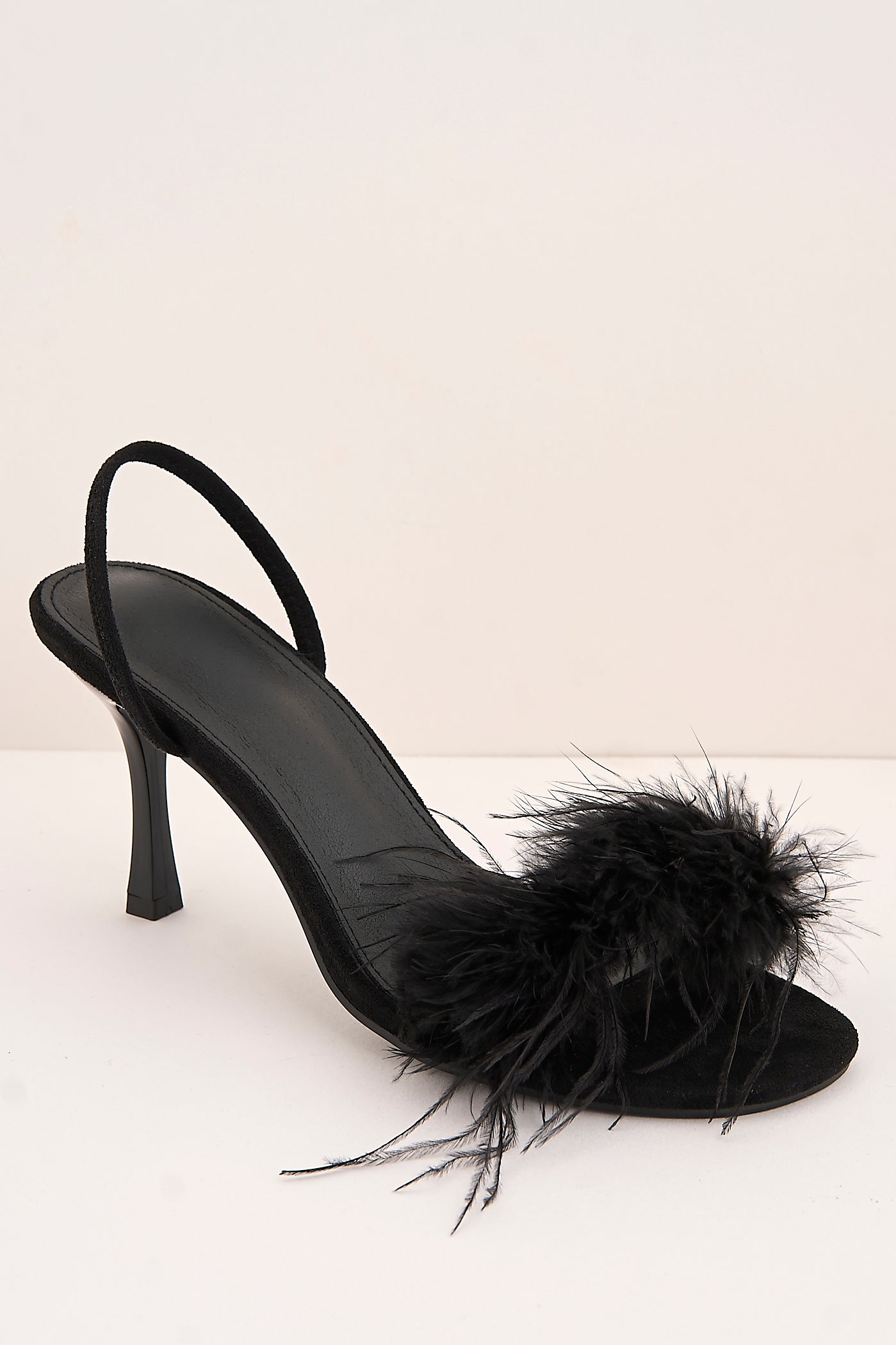 Margot Feathered Trim Band Slingback Heeled Sandals In Black P-1487-BLK