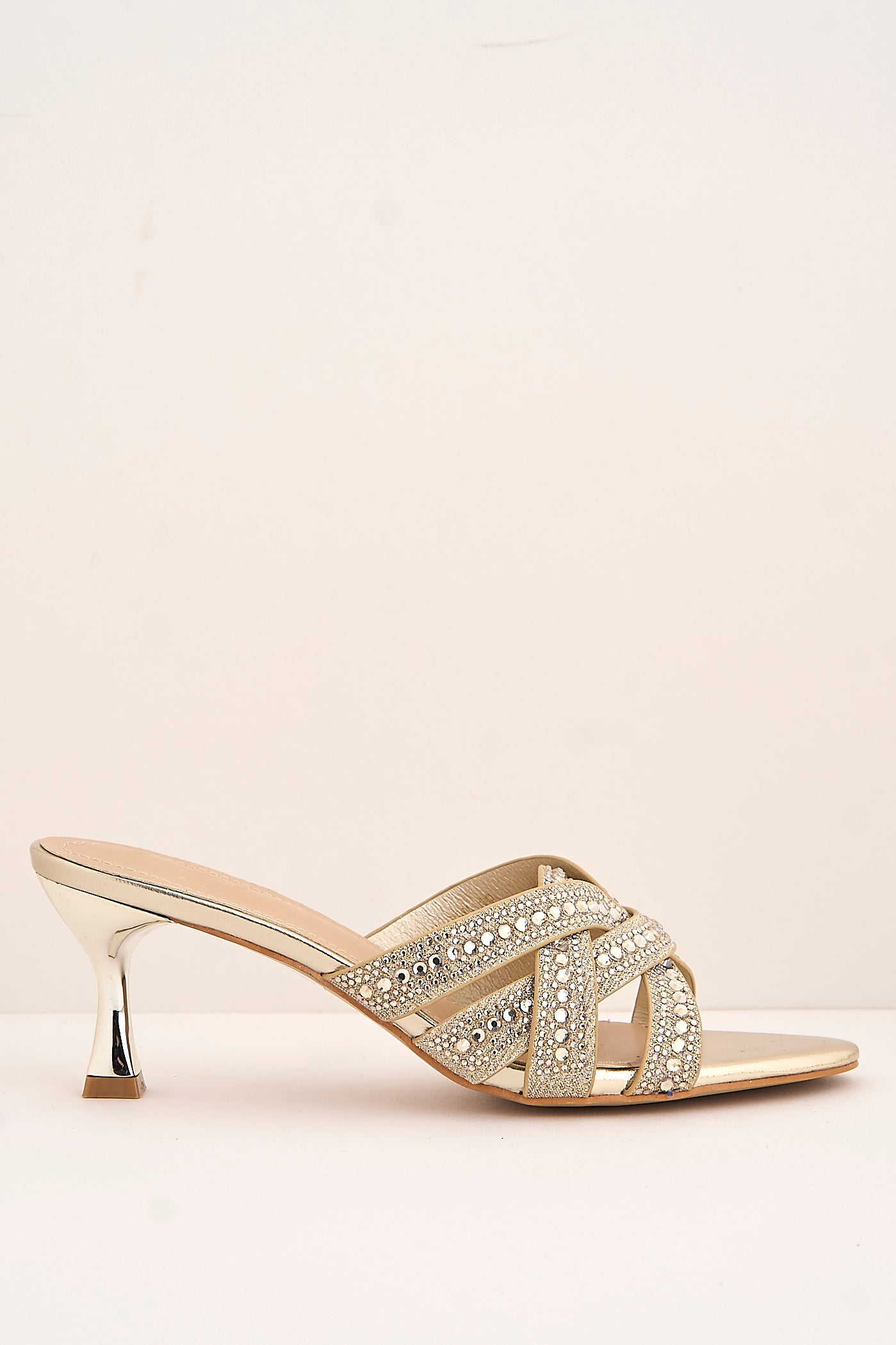 Elsie Gemstone Embellished Crossover Strap Kitten Heel Mules In Gold 3757-BU40-GOL