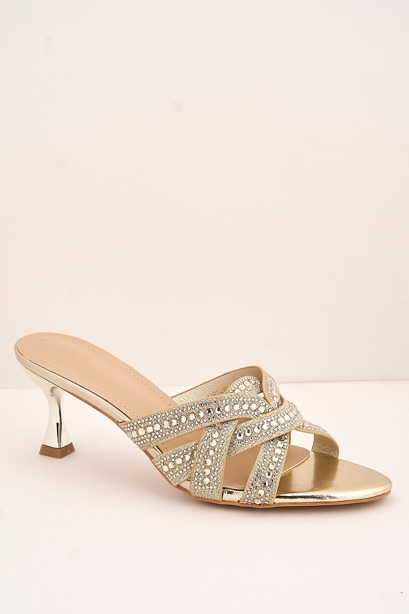 Elsie Gemstone Embellished Crossover Strap Kitten Heel Mules In Gold 3757-BU40-GOL