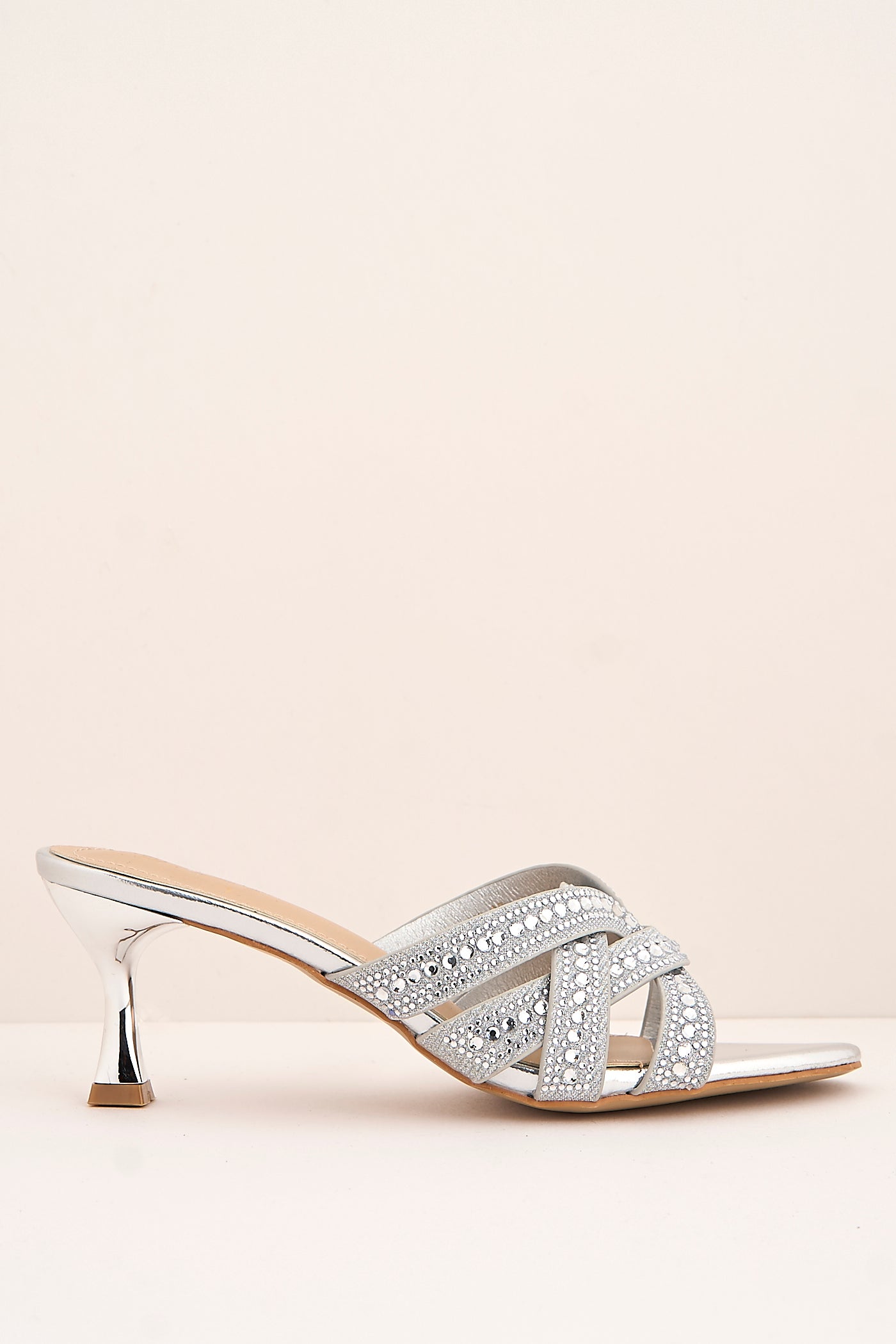 Elsie Gemstone Embellished Crossover Strap Kitten Heel Mules In Silver 3757-BU40-SIL