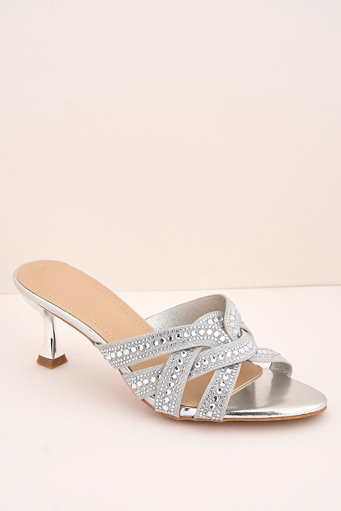 Elsie Gemstone Embellished Crossover Strap Kitten Heel Mules In Silver 3757-BU40-SIL