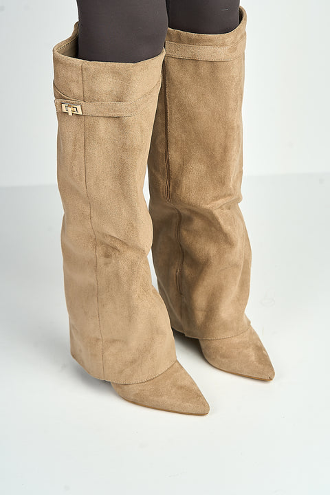 Ayma Knee High Block Heel Gold Trim Buckle Collar Boot In Taupe Suede by Miss Diva